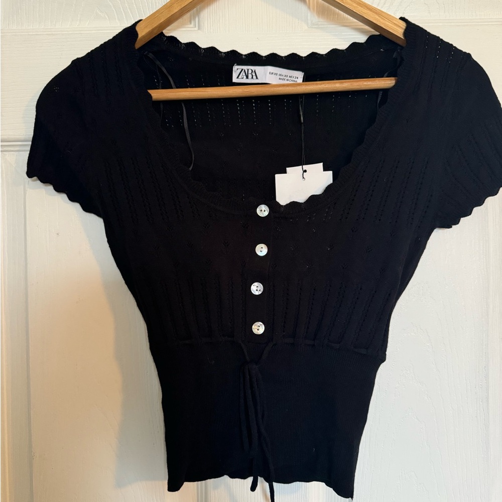 NWT Zara Black Knit Short Sleeve Top Size XS